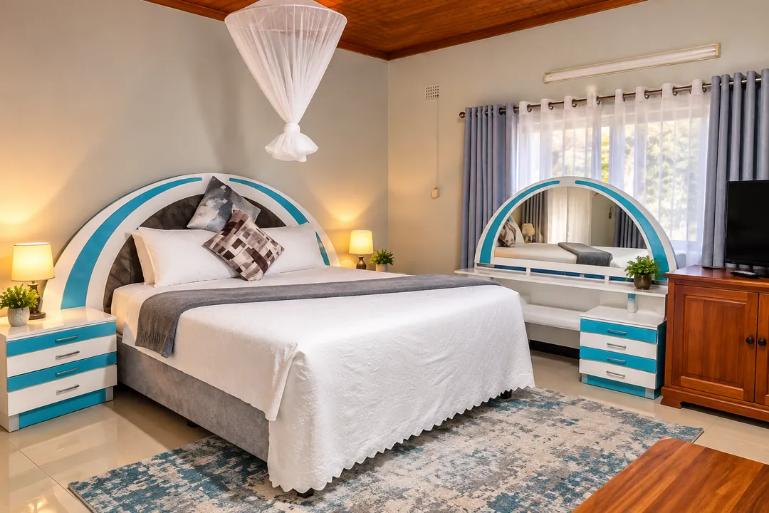 Bright guest bedroom with a large bed in white linen, teal-accented furniture and a mosquito net