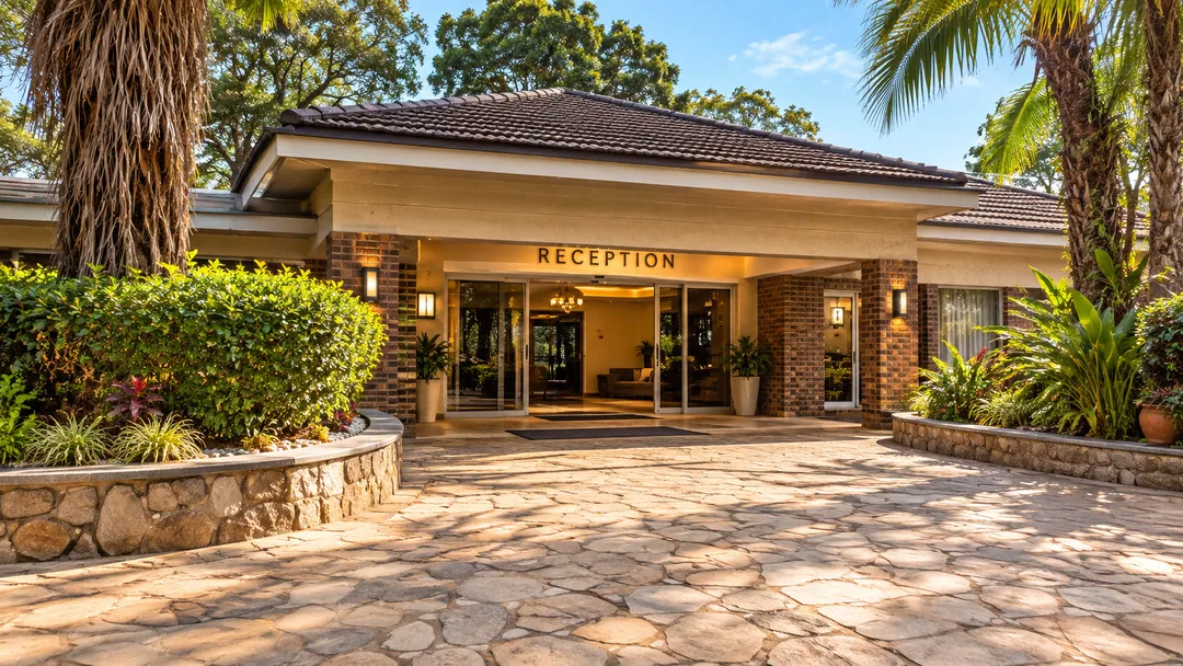 The reception entrance at Pamugodo Lodge: a brick and glass frontage under a tiled roof, framed by palms and tropical planting